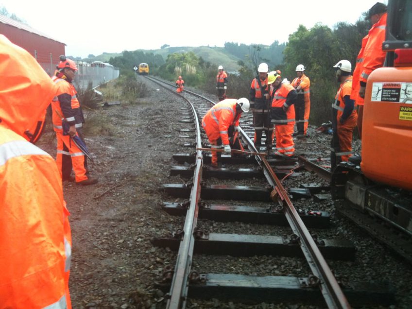 Both mainline rails slewed on Sunday, with a final check made of gauge, whilst Cyclops waits down the line. Photo: Hugh McCracken