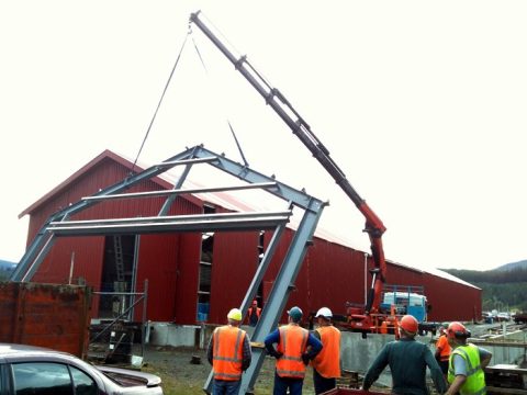 First workshop portal frames lifted into position First workshop portal frames lifted into position