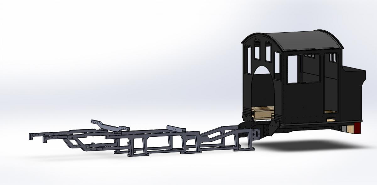 CAD drawing of Wb locomotive frames with cab and bunker assemblies in place