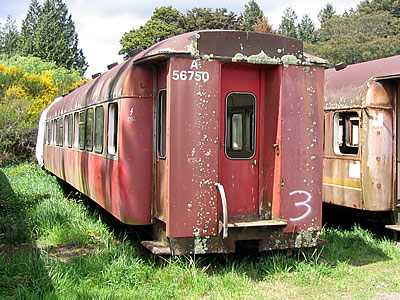 Carriages A 1988 and 1996 in storage at Ohakune