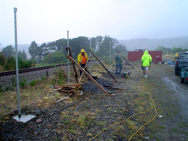 planting poles in the rain. 