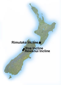 New Zealand Fell inclines: Rimutaka (Wellington, North Island), Rewanui and Roa (West Coast, South Island)