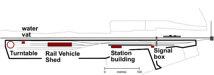 key elements of the Maymorn development, including yard track, water vat, rail vehicle shed, station building, signal box and pedestrian crossing