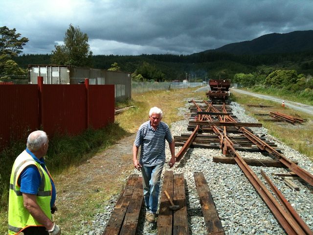 Lionel and Peter sorting sleepers for reuse in the double slip.