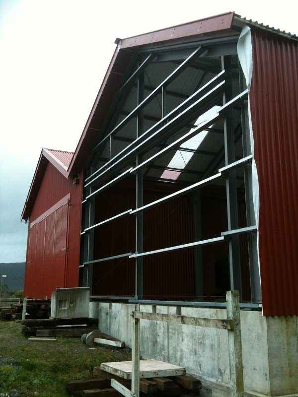 Barge boards, flashings and soffit at the Upper Hutt end of the workshop. Fitting the barge to the main shed was tricky work. Photo: Hugh McCracken