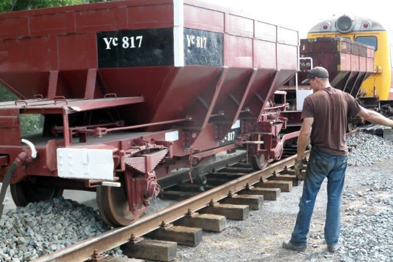 A ballast drop over the newly laid track finishing the day&#039;s work.