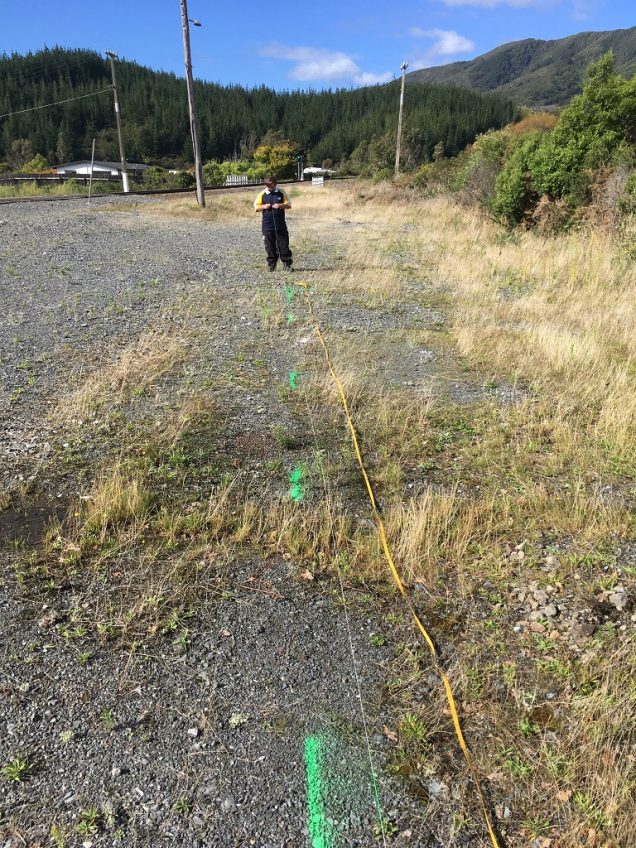 Surveying loop turnout location at the Kaitoke end of our yard