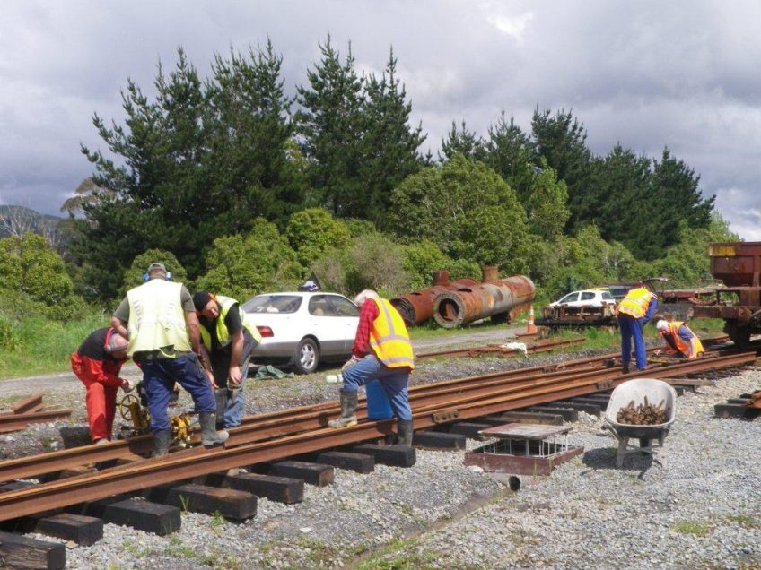 A set of points in the shed yard at Maymorn is taking shape, leading into the rail vehicle shed. The 91lb turnout is being built up from plain rail and refurbished components.