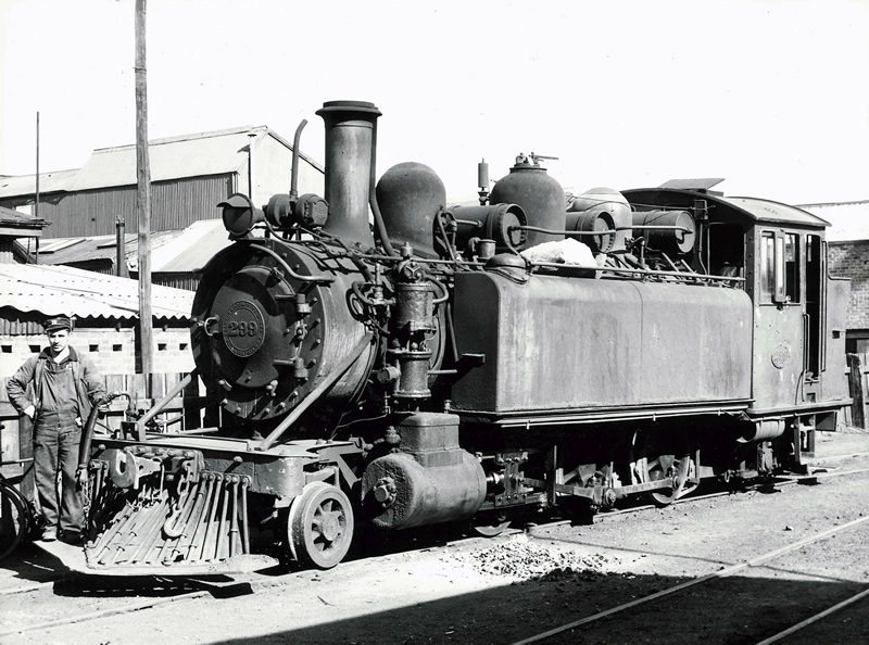 Driver Gibby Anderson poses with Wb 299 at Westport loco depot, November 1952
