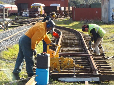 Cutting rail and installing sleepers on 5 September 2015